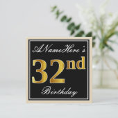 Elegant, zwart, Faux Gold 32e verjaardag + naam Kaart (Staand voorkant)
