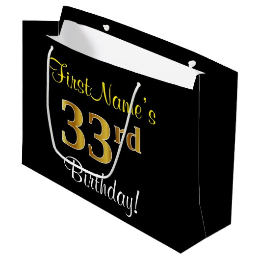 Elegant, zwart, Faux Gold 33rd Birthday + naam Groot Cadeauzakje (Voorkant Gekanteld)