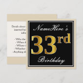 Elegant, zwart, Faux Gold 33rd Birthday + naam Kaart (Voorkant / Achterkant)