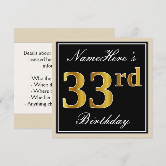 Elegant, zwart, Faux Gold 33rd Birthday + naam Kaart (Voorkant / Achterkant)