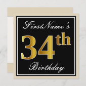 Elegant, zwart, Faux Gold 34th Birthday + naam Kaart (Voorkant / Achterkant)