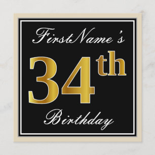 Elegant, zwart, Faux Gold 34th Birthday + naam Kaart