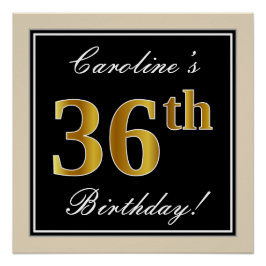 Elegant, zwart, Faux Gold 36th Birthday + naam Perfect Poster