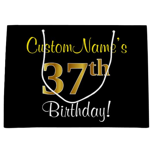 Elegant, zwart, Faux Gold 37th Birthday + naam Groot Cadeauzakje (Voorkant)