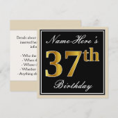 Elegant, zwart, Faux Gold 37th Birthday + naam Kaart (Voorkant / Achterkant)