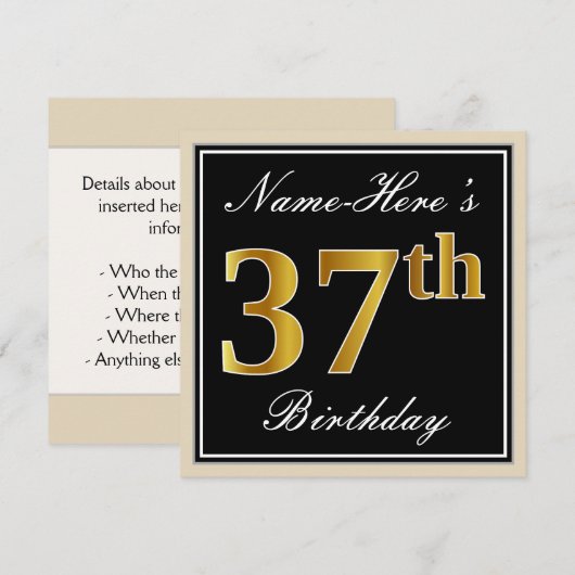 Elegant, zwart, Faux Gold 37th Birthday + naam Kaart (Voorkant / Achterkant)