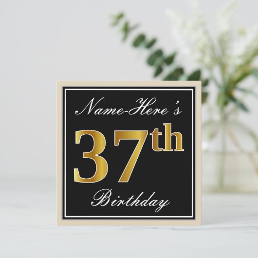 Elegant, zwart, Faux Gold 37th Birthday + naam Kaart (Staand voorkant)