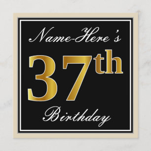 Elegant, zwart, Faux Gold 37th Birthday + naam Kaart