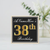 Elegant, zwart, Faux Gold 38th Birthday + naam Kaart (Staand voorkant)