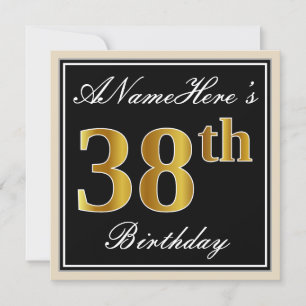 Elegant, zwart, Faux Gold 38th Birthday + naam Kaart