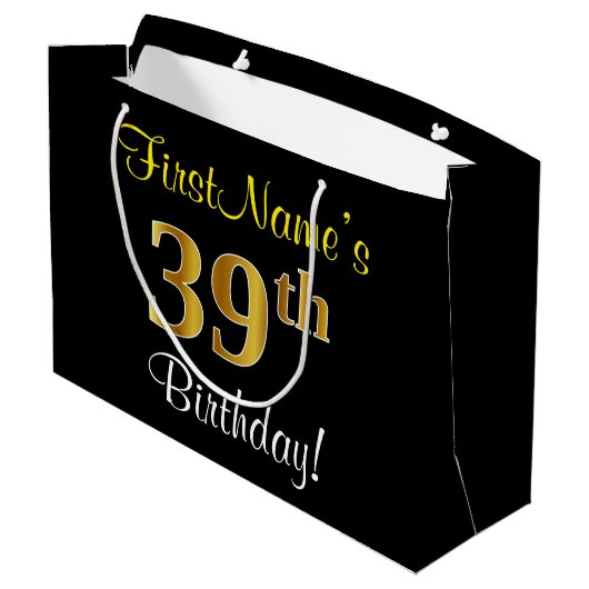 Elegant, zwart, Faux Gold 39th Birthday + naam Groot Cadeauzakje (Achterkant Gekanteld)