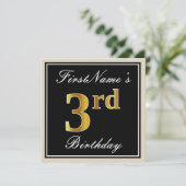 Elegant, zwart, Faux Gold 3rd Birthday + naam Kaart (Staand voorkant)