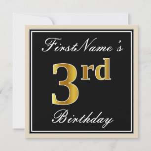 Elegant, zwart, Faux Gold 3rd Birthday + naam Kaart