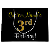Elegant, zwart, Faux Gold 3rd Birthday + naam Large Cadeautasje (Voorkant)