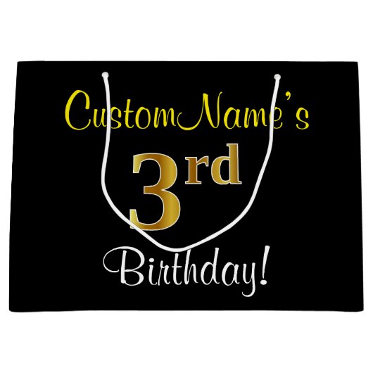Elegant, zwart, Faux Gold 3rd Birthday + naam Large Cadeautasje (Voorkant)