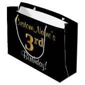 Elegant, zwart, Faux Gold 3rd Birthday + naam Large Cadeautasje (Achterkant Gekanteld)