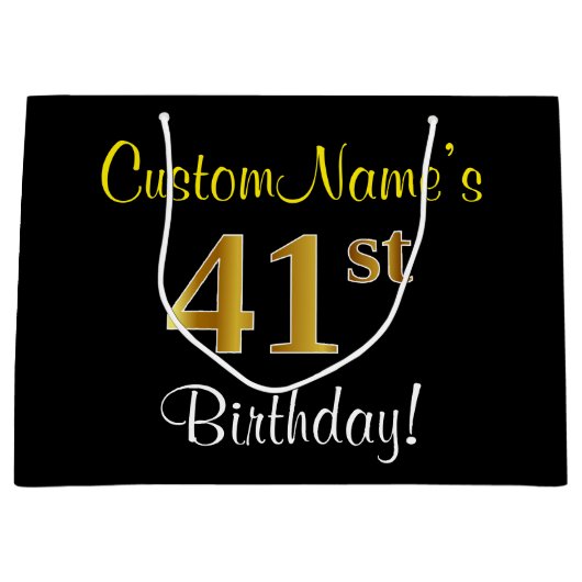Elegant, zwart, Faux Gold 41st geboortedag + naam Groot Cadeauzakje (Voorkant)