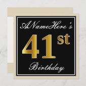 Elegant, zwart, Faux Gold 41st geboortedag + naam Kaart (Voorkant / Achterkant)