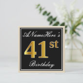 Elegant, zwart, Faux Gold 41st geboortedag + naam Kaart (Staand voorkant)