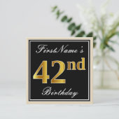 Elegant, zwart, Faux Gold 42e verjaardag + naam Kaart (Staand voorkant)