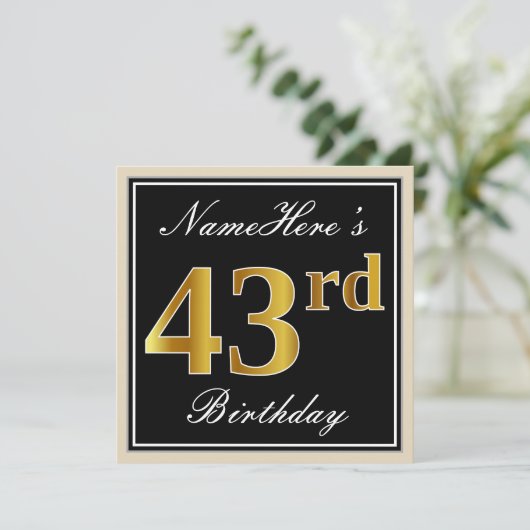 Elegant, zwart, Faux Gold 43rd Birthday + naam Kaart (Staand voorkant)