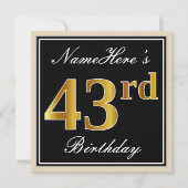 Elegant, zwart, Faux Gold 43rd Birthday + naam Kaart (Voorkant)