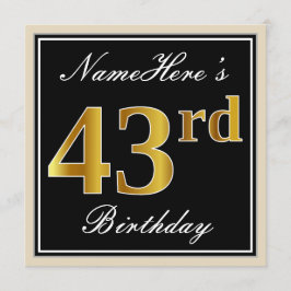 Elegant, zwart, Faux Gold 43rd Birthday + naam Kaart