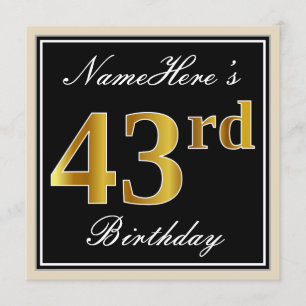 Elegant, zwart, Faux Gold 43rd Birthday + naam Kaart