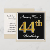 Elegant, zwart, Faux Gold 44th Birthday + naam Kaart (Voorkant / Achterkant)
