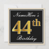 Elegant, zwart, Faux Gold 44th Birthday + naam Kaart (Voorkant)