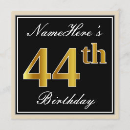 Elegant, zwart, Faux Gold 44th Birthday + naam Kaart