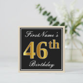Elegant, zwart, Faux Gold 46th Birthday + naam Kaart (Staand voorkant)