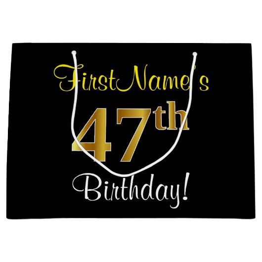 Elegant, zwart, Faux Gold 47th Birthday + naam Groot Cadeauzakje (Voorkant)