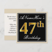 Elegant, zwart, Faux Gold 47th Birthday + naam Kaart (Voorkant / Achterkant)