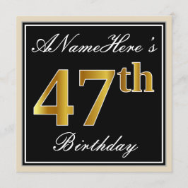 Elegant, zwart, Faux Gold 47th Birthday + naam Kaart