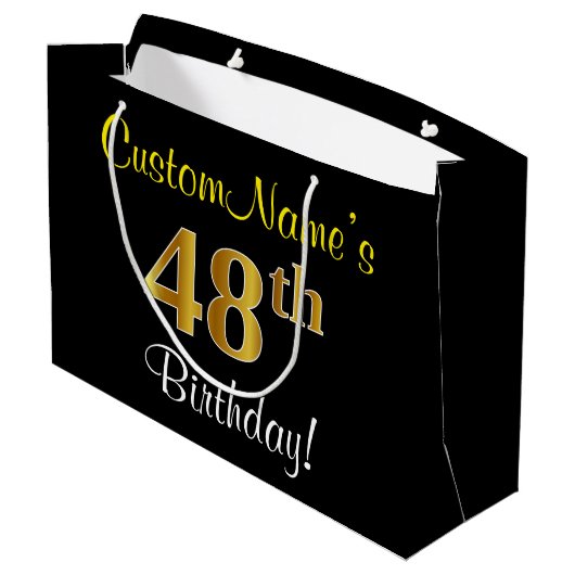 Elegant, zwart, Faux Gold 48th Birthday + naam Groot Cadeauzakje (Achterkant Gekanteld)