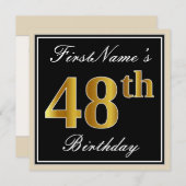 Elegant, zwart, Faux Gold 48th Birthday + naam Kaart (Voorkant / Achterkant)