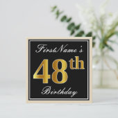 Elegant, zwart, Faux Gold 48th Birthday + naam Kaart (Staand voorkant)