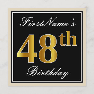 Elegant, zwart, Faux Gold 48th Birthday + naam Kaart