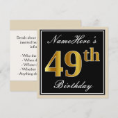 Elegant, zwart, Faux Gold 49th Birthday + naam Kaart (Voorkant / Achterkant)