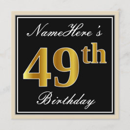 Elegant, zwart, Faux Gold 49th Birthday + naam Kaart