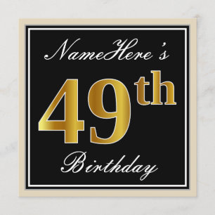 Elegant, zwart, Faux Gold 49th Birthday + naam Kaart