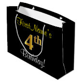 Elegant, zwart, Faux Gold 4th Birthday + naam Large Cadeautasje (Achterkant Gekanteld)