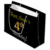 Elegant, zwart, Faux Gold 4th Birthday + naam Large Cadeautasje (Voorkant Gekanteld)