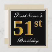 Elegant, zwart, Faux Gold 51st geboortedag + naam Kaart (Voorkant / Achterkant)