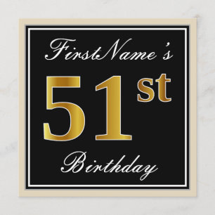 Elegant, zwart, Faux Gold 51st geboortedag + naam Kaart