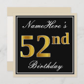 Elegant, zwart, Faux Gold 52e verjaardag + naam Kaart (Voorkant / Achterkant)