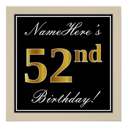 Elegant, zwart, Faux Gold 52e verjaardag + naam Perfect Poster (Voorkant)