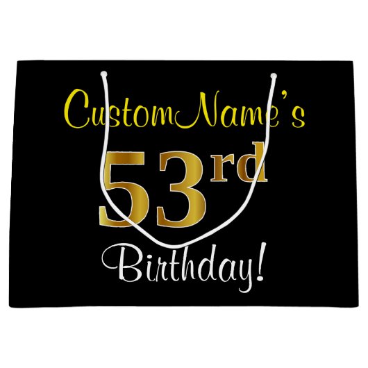 Elegant, zwart, Faux Gold 53rd Birthday + naam Groot Cadeauzakje (Voorkant)