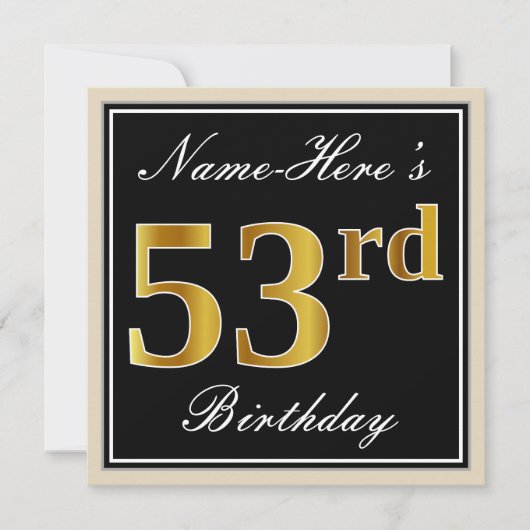 Elegant, zwart, Faux Gold 53rd Birthday + naam Kaart (Voorkant)